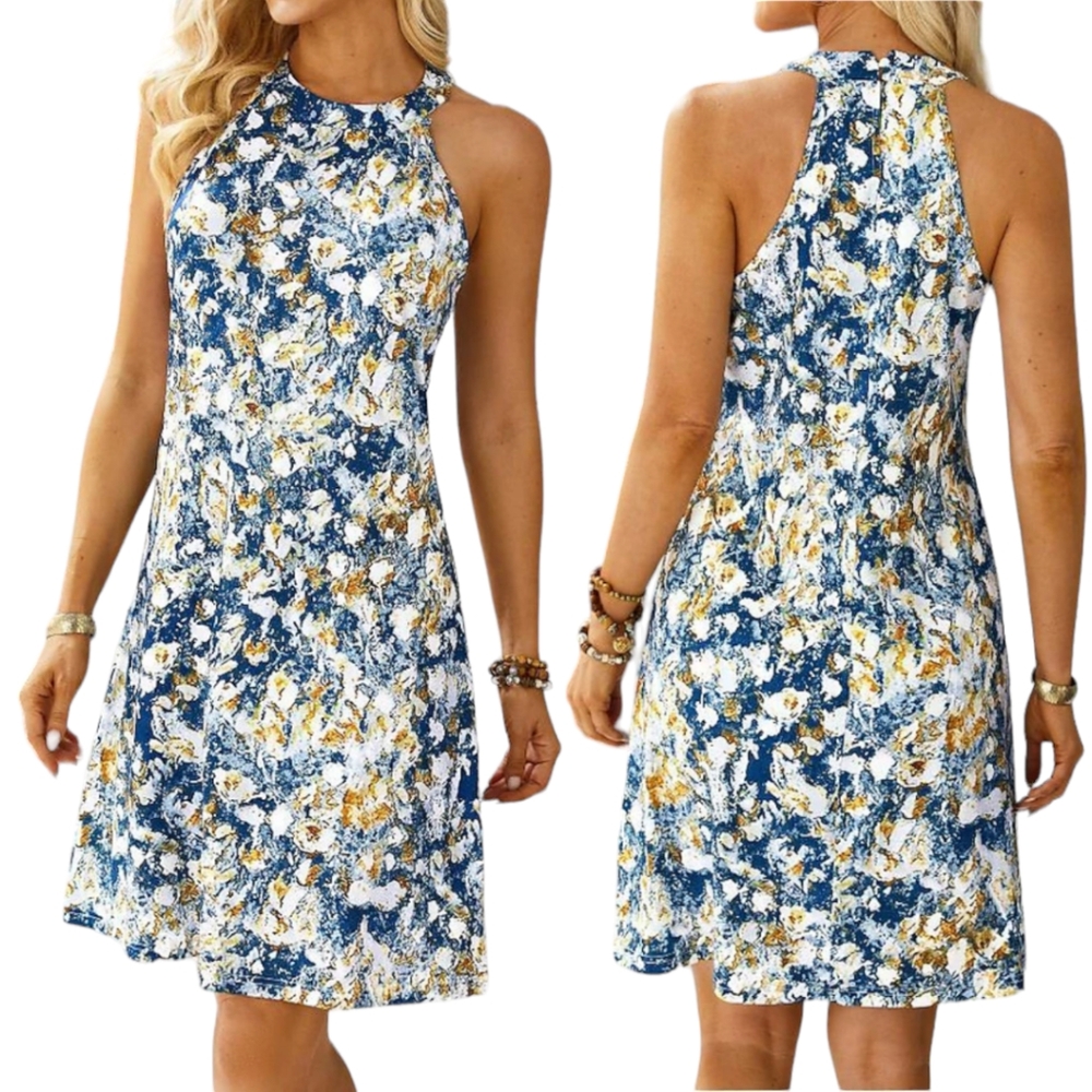 Noracora Mini Floral Print Shift Dress Halter Neck Sleeveless Summer